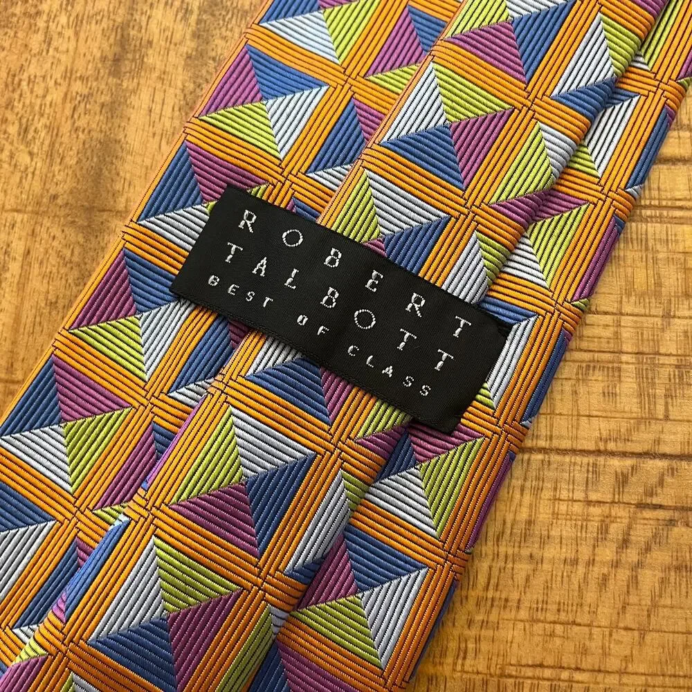 Robert Talbott Best Of Class 100% Silk Tie Geometric Squares Orange USA 60x3 5/8